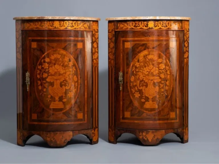 Pair Of "demi-lune" Corner In Neoclassical Style Marquetry.