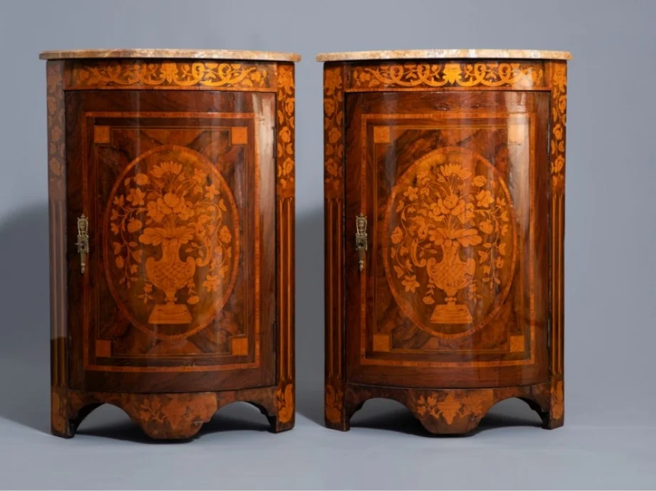 Pair Of "demi-lune" Corner In Neoclassical Style Marquetry.