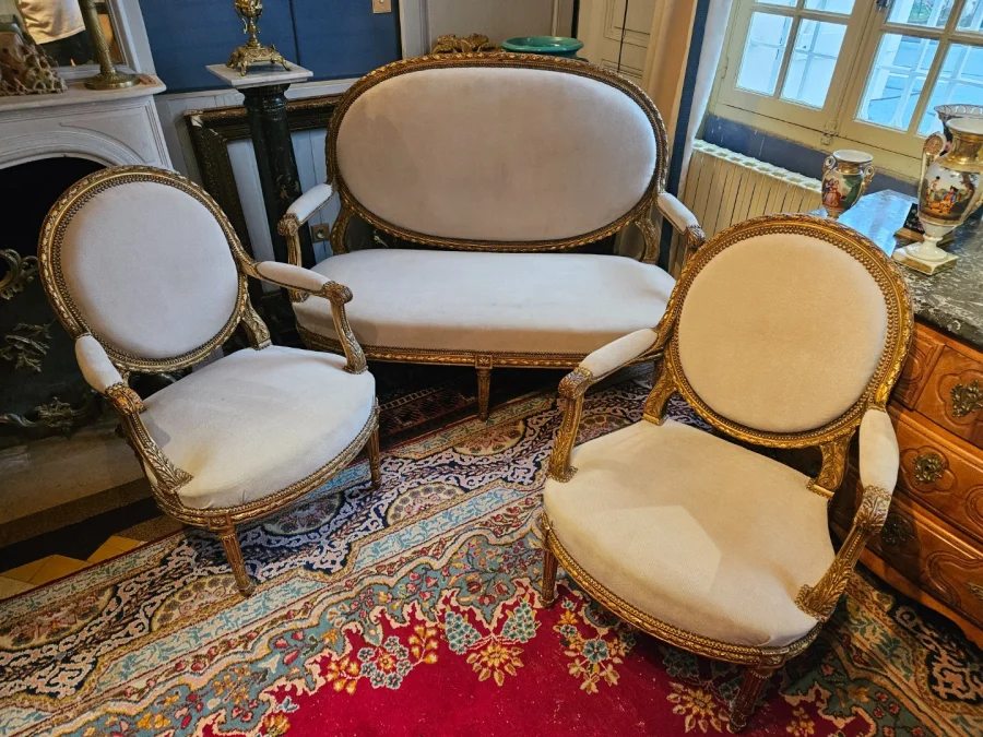 Louis XVI Style Carved And Gilded Wooden Living Room From The Napoleon III Period.