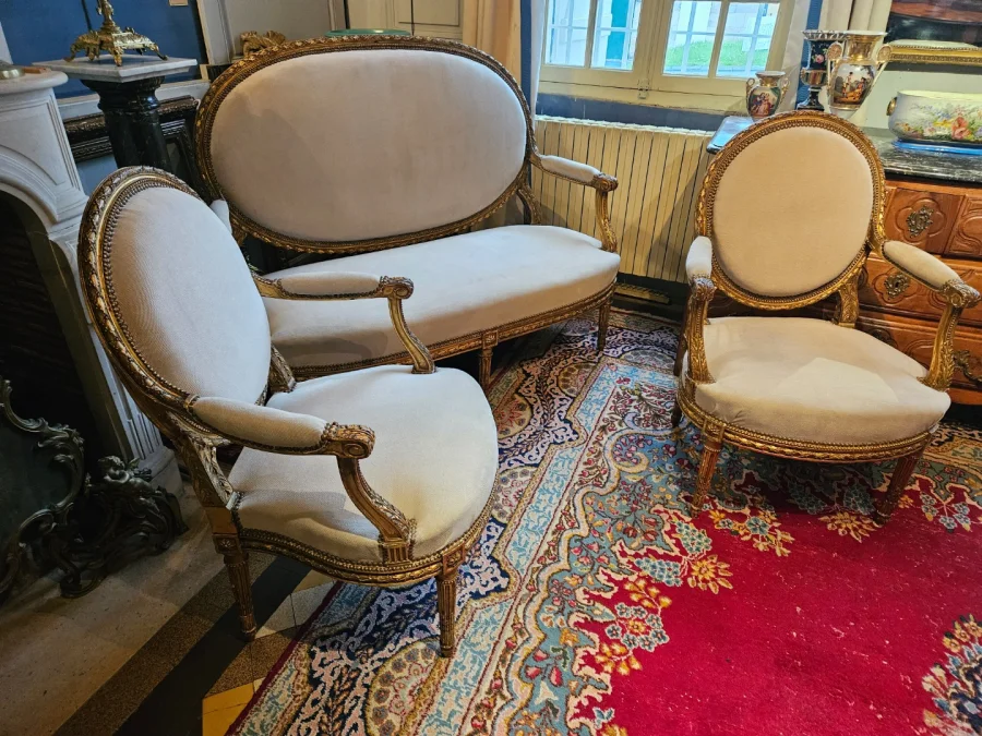 Louis XVI Style Carved And Gilded Wooden Living Room From The Napoleon III Period.