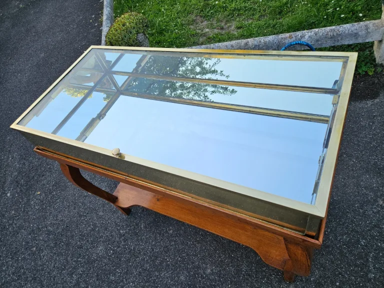 Siégel: Flat Brass Display Cabinet On Table.