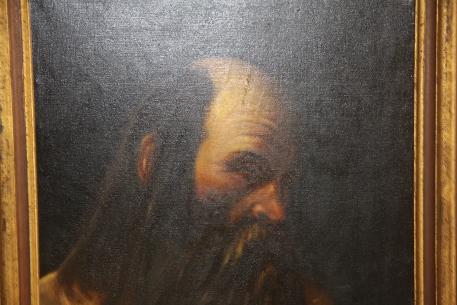Huile sur toile présentant un ermite. Très bon état