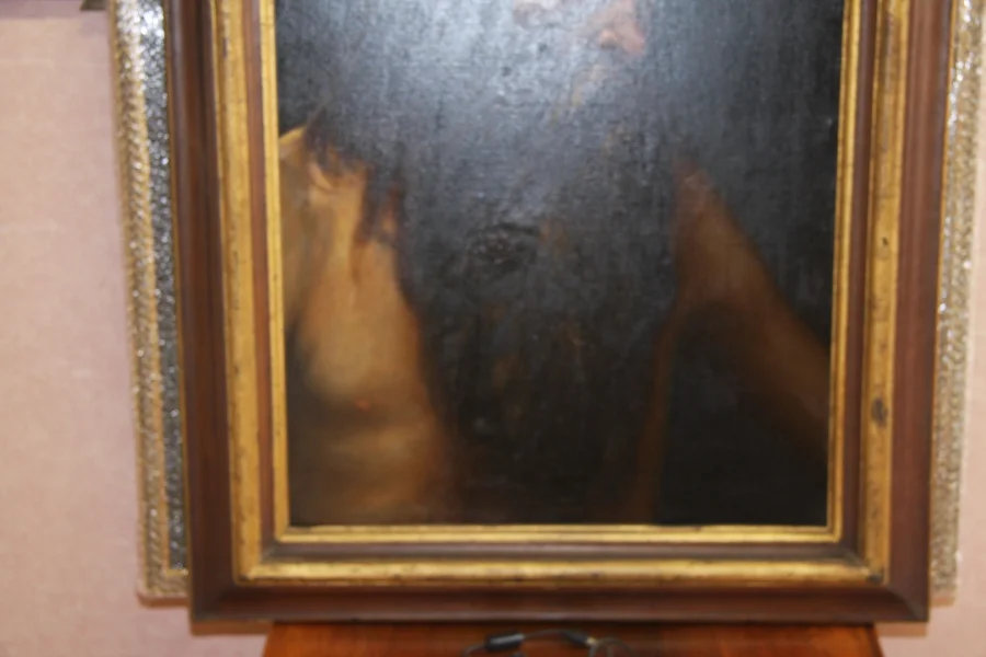Huile sur toile présentant un ermite. Très bon état