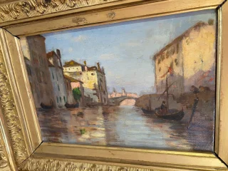 Gesigneerd olieverfschilderij op doek door Maurice Bompard 1857–1936. Gezicht op Venetië. 1886