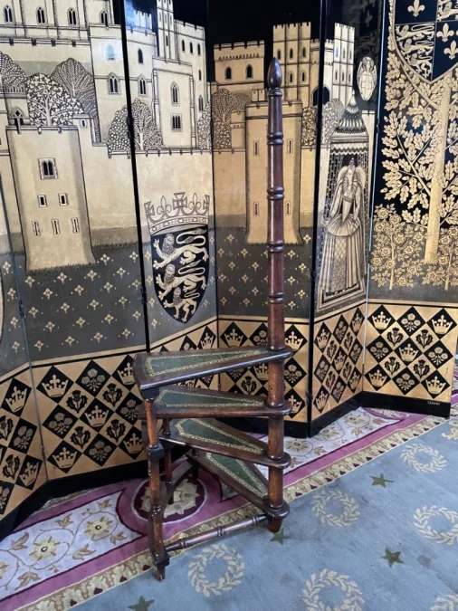 Escabeau de bibliothèque en chêne et cuir