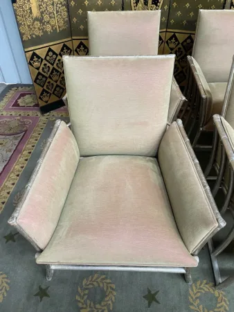 Suite de 6 fauteuils bergères bambou argenté et velours beige
