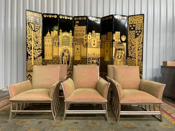 Suite de 6 fauteuils bergères bambou argenté et velours beige