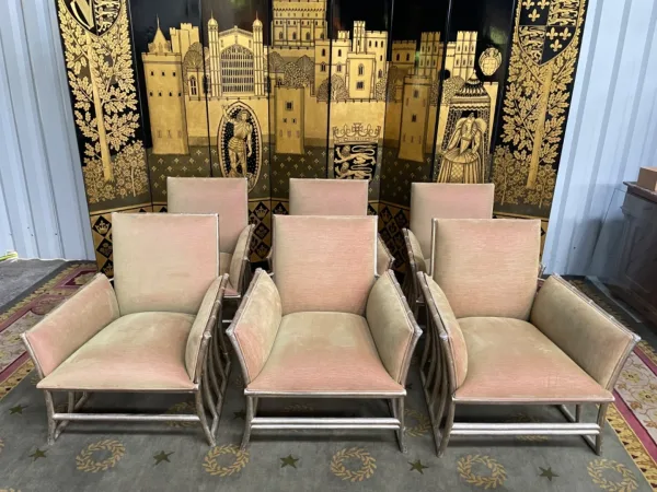 Suite de 6 fauteuils bergères bambou argenté et velours beige