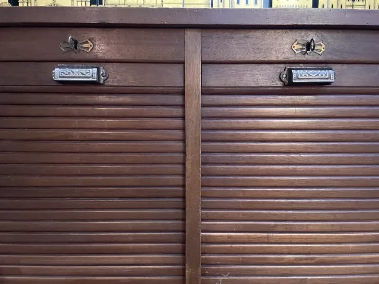 Notary's filing cabinet with curtains