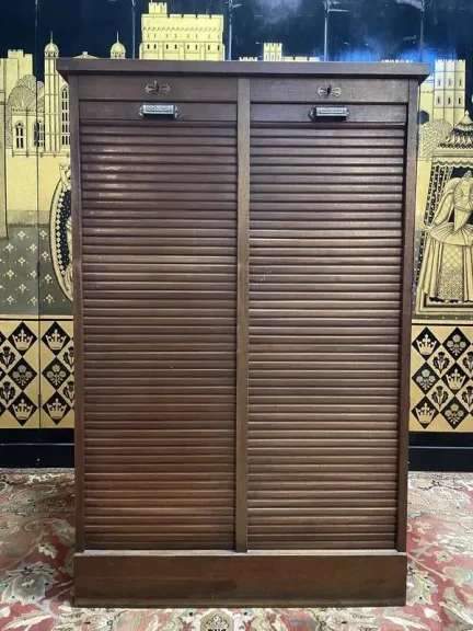Notary's filing cabinet with curtains