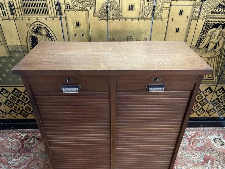 Notary's filing cabinet with curtains