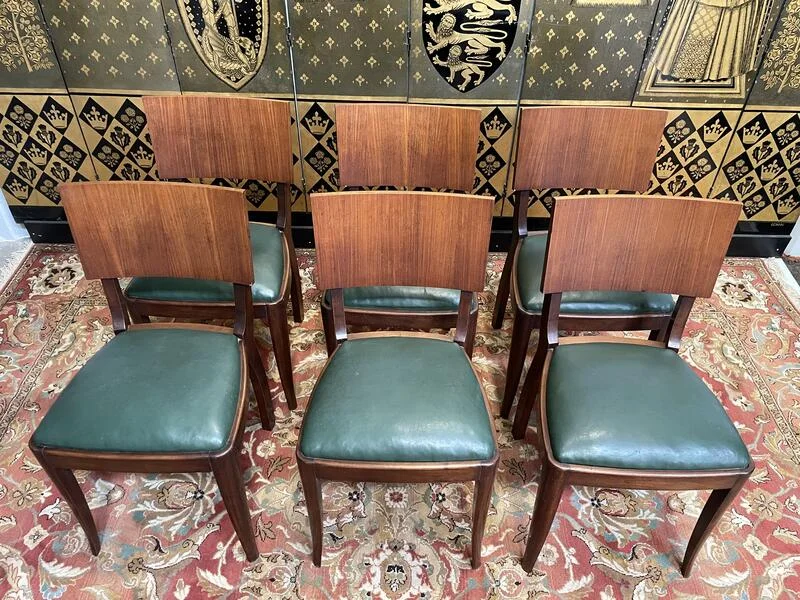 Set of 6 Art Deco chairs - 1950 in mahogany and green skai
