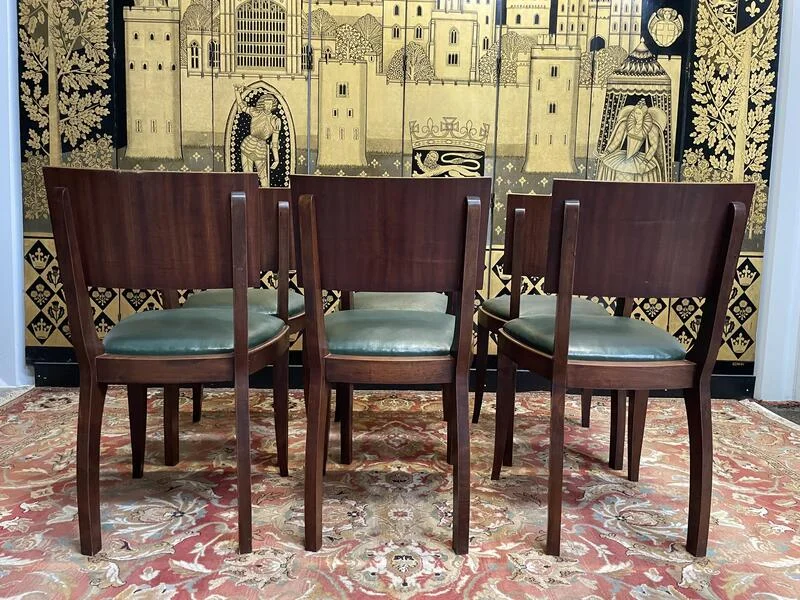 Set of 6 Art Deco chairs - 1950 in mahogany and green skai