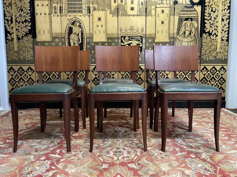 Set of 6 Art Deco chairs - 1950 in mahogany and green skai