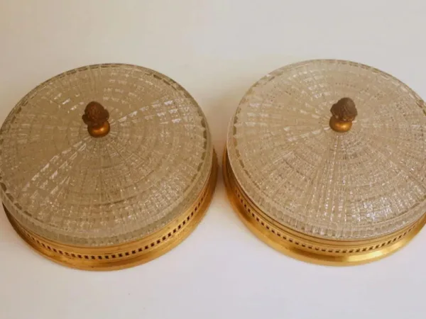 Pair of glass and brass ceiling lights by Lucien Gau