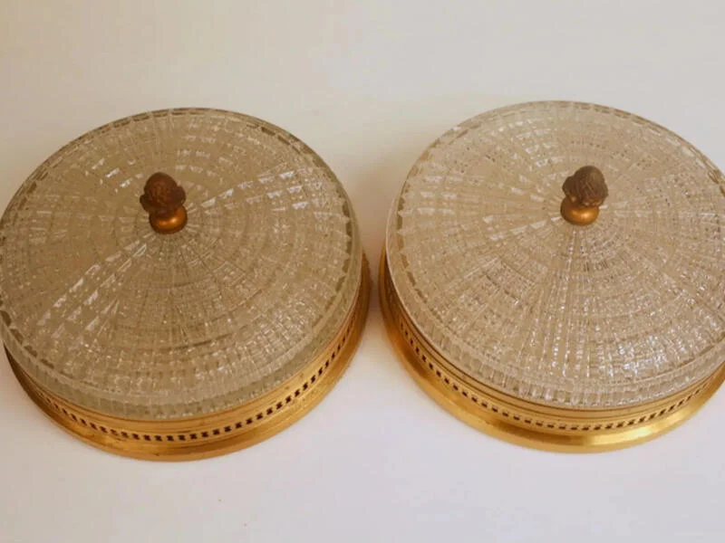 Pair of glass and brass ceiling lights by Lucien Gau