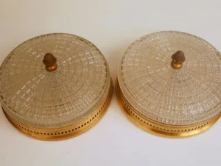 Pair of glass and brass ceiling lights by Lucien Gau