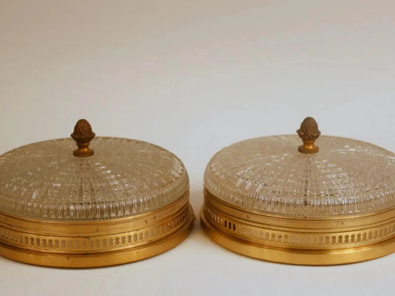 Pair of glass and brass ceiling lights by Lucien Gau