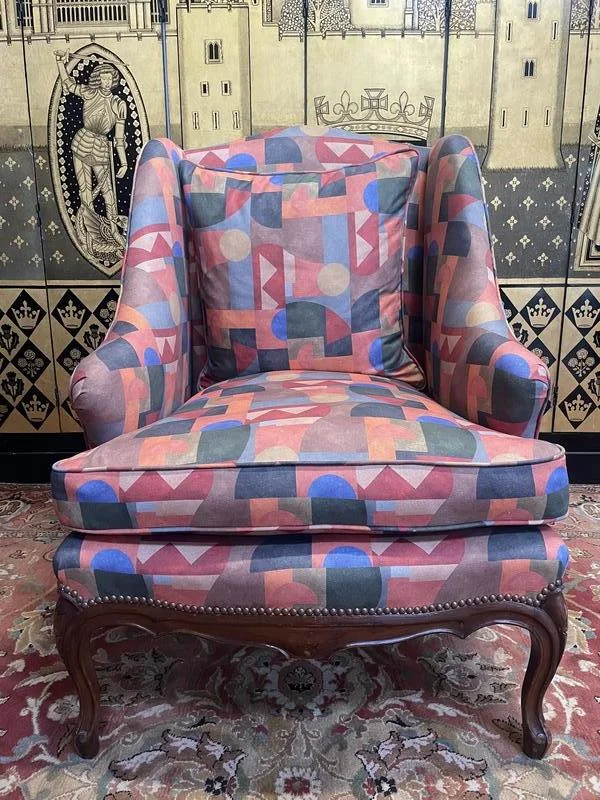 Armchair - Louis XV style wing chair in Art Deco fabric