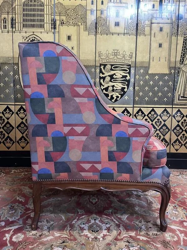 Armchair - Louis XV style wing chair in Art Deco fabric