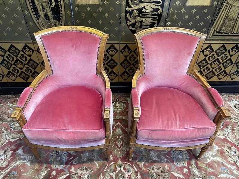 Paire de fauteuils - bergères de style Louis XVI