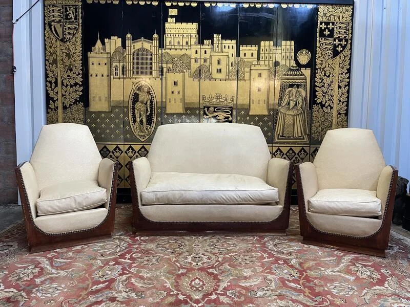 Art Deco period living room sofa and pair of armchairs