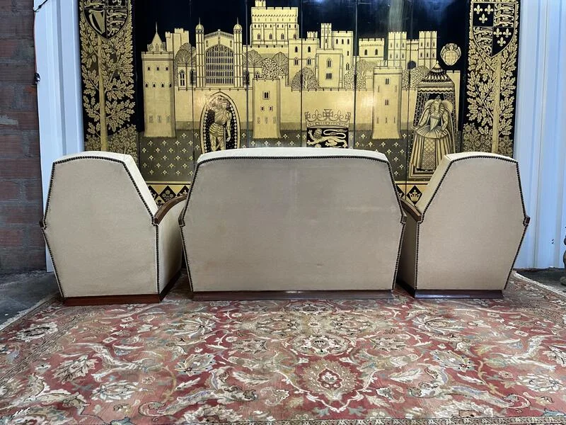 Art Deco period living room sofa and pair of armchairs