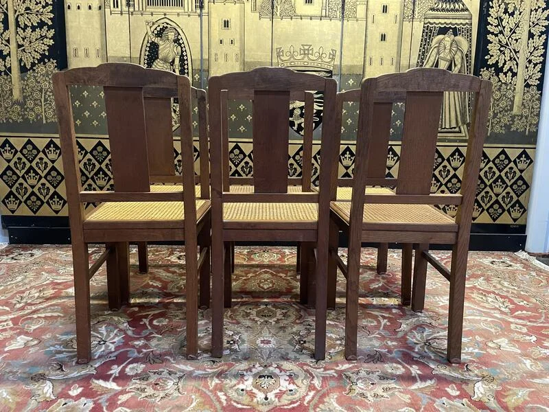 Set of 6 Art Deco chairs in oak and cane - caned