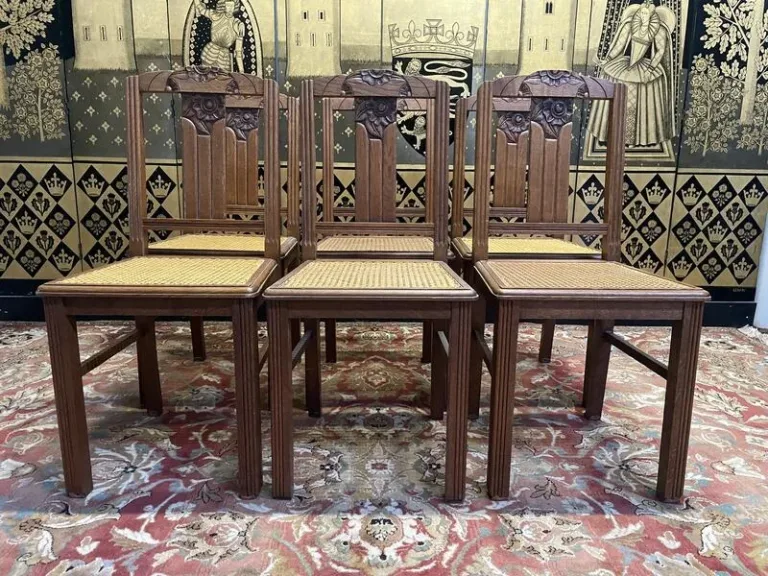 Set of 6 Art Deco chairs in oak and cane - caned