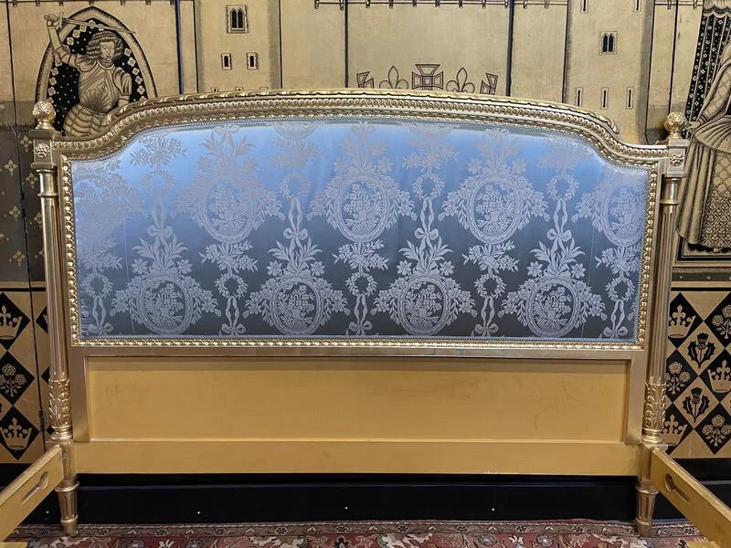 Louis XVI style bed in gilded wood and silk