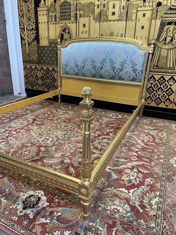 Louis XVI style bed in gilded wood and silk