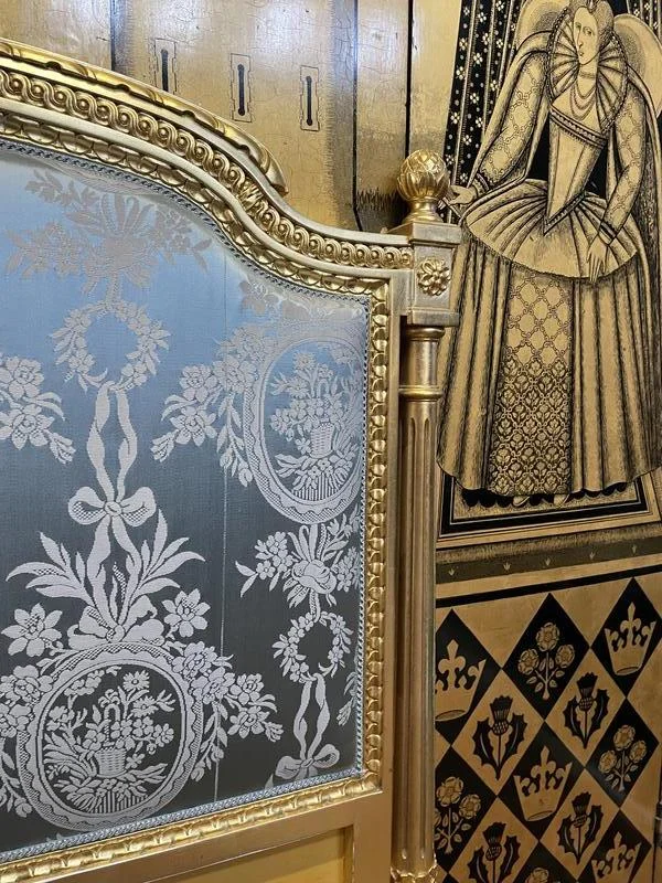 Louis XVI style bed in gilded wood and silk