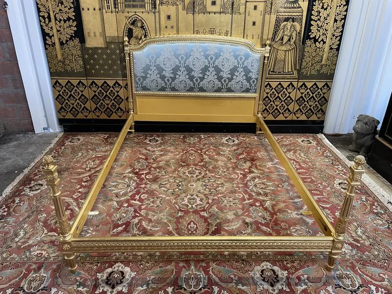 Louis XVI style bed in gilded wood and silk