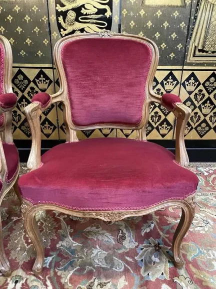 Pair of Louis XV style cabriolet armchairs in red velvet