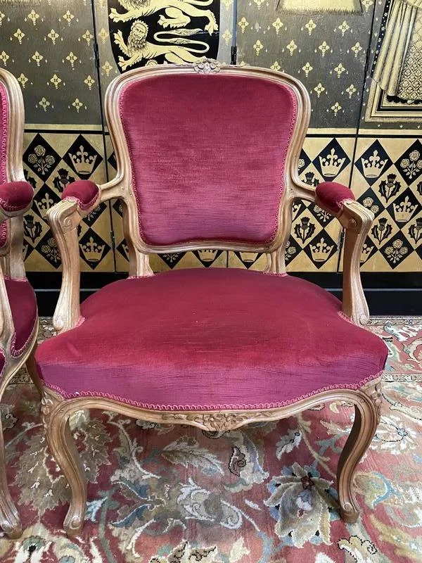 Pair of Louis XV style cabriolet armchairs in red velvet