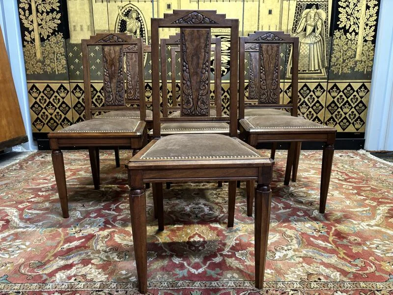 7 art deco walnut chairs