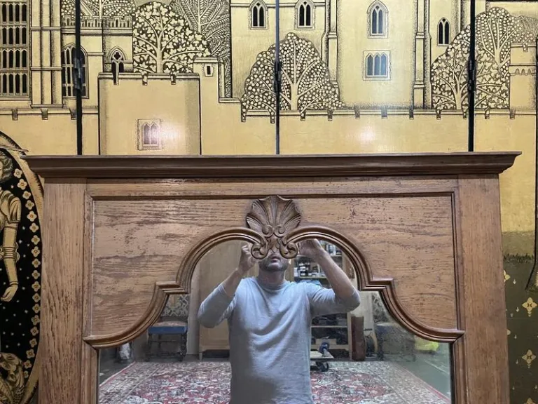 Solid oak trumeau mirror with shell