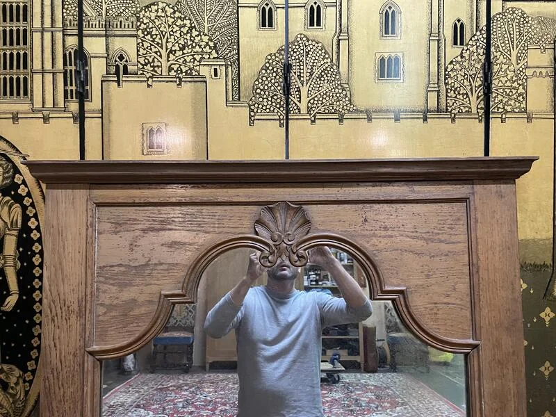 Solid oak trumeau mirror with shell