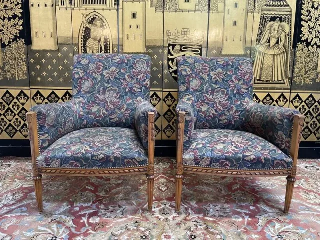 Pair of Louis XVI style armchairs - bergeres with flowers