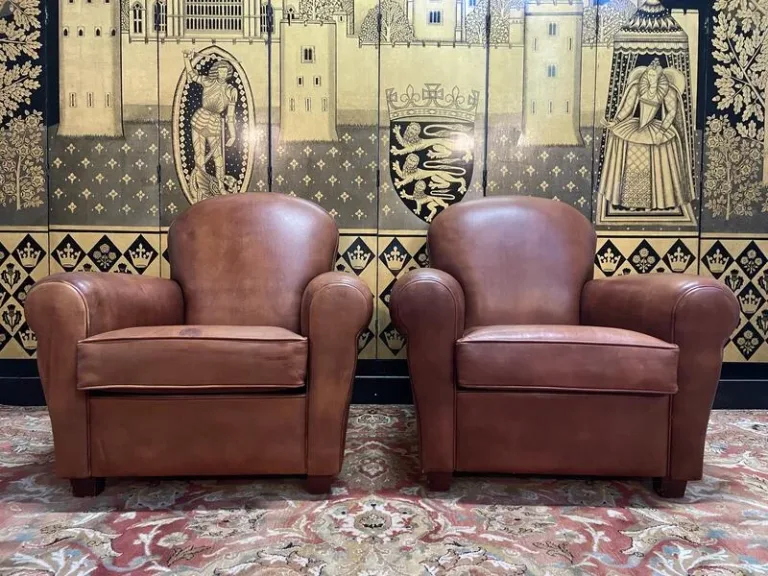 Pair of Havana leather club armchairs 1980
