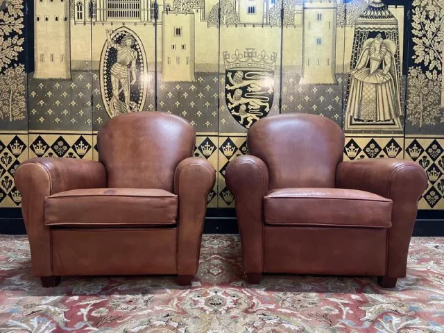 Pair of Havana leather club armchairs 1980