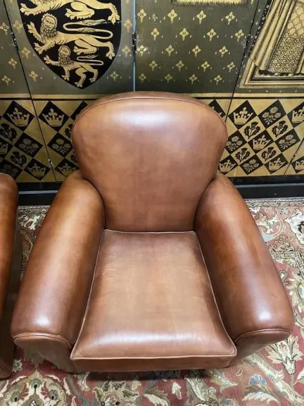 Pair of Havana leather club armchairs 1980