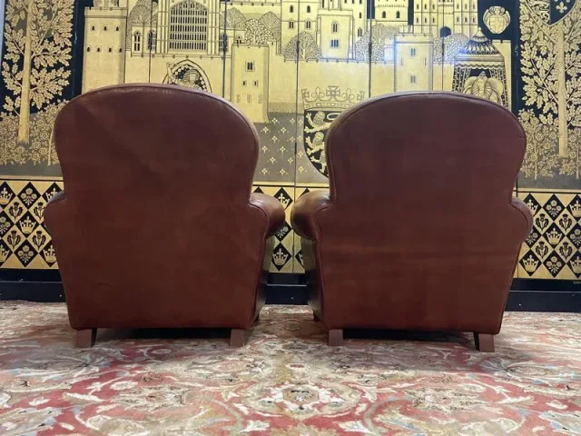 Pair of Havana leather club armchairs 1980