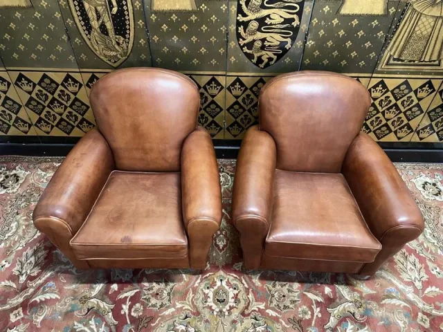 Pair of Havana leather club armchairs 1980
