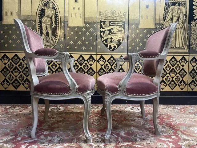 Pair of Louis XV style cabriolet armchairs with velvet upholstery