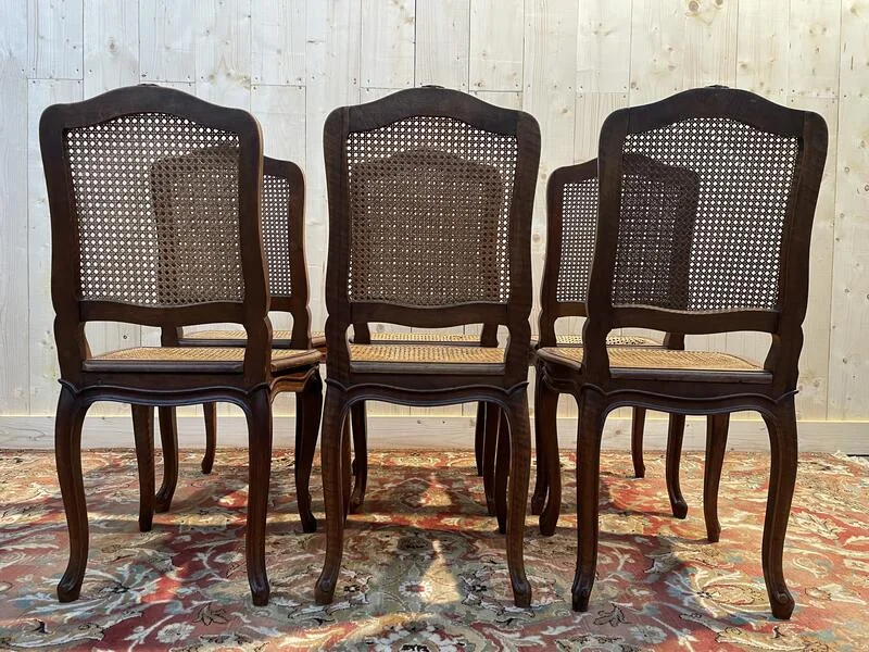 Set of 6 Louis XV chairs in walnut and cane