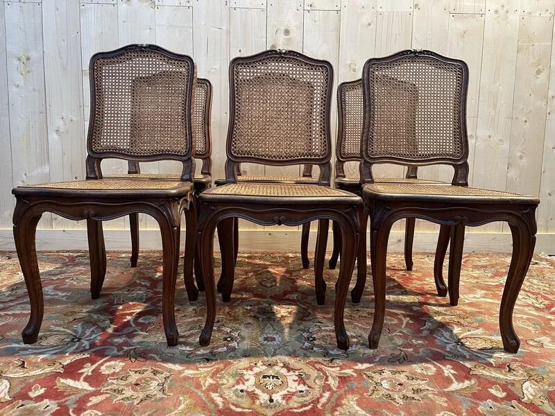 Set of 6 Louis XV chairs in walnut and cane