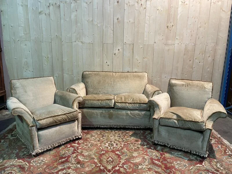 Living room sofa and pair of Napoleon III velvet armchairs