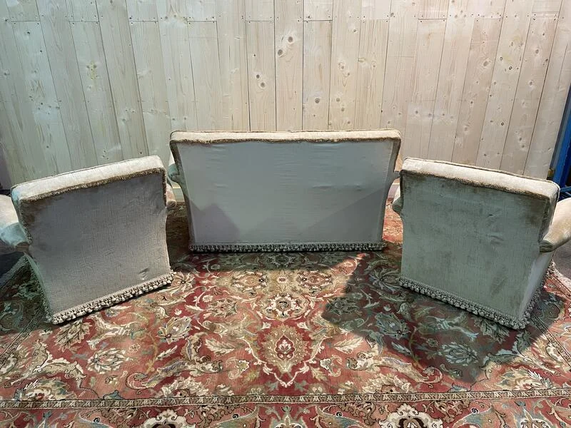 Living room sofa and pair of Napoleon III velvet armchairs