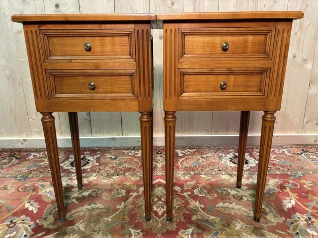 Pair of Louis XVI style bedside tables in cherry wood